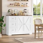 Farmhouse Sideboard Storage Cabinet in white with wooden top, featuring drawers and cabinets, serving as a stylish kitchen organizer.