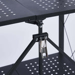 Close-up view of the foldable metal storage trolley with wheels, showcasing the sturdy hinges and perforated shelving design.