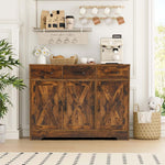 Farmhouse Buffet Sideboard cabinet in antique wood with coffee station and decor in a bright living room setting.