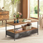 Coffee table with fabric drawer storage and rustic wood-look top