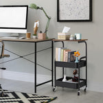 3-Tier Rolling Storage Cart with Wood Top beside a modern desk, showcasing organization and style in an office setting.