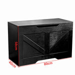 Rustic Wooden Storage bench in black, dimensions 80cm x 40cm x 58cm, ideal for home organization and entryway use.