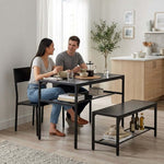 Couple enjoying a meal at a 4-piece dining table set with bench in a modern kitchen.