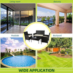 Patio Furniture Set 4 Piece PE Rattan displayed in living room, balcony, poolside, and backyard settings.