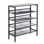 5 tier industrial shoe rack with black steel frame, four mesh shelves and a rustic wood look top