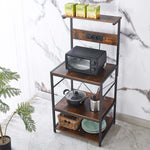3-Tier Bakers Rack showcasing a microwave, pots, and built-in power outlets on a stylish kitchen setup.