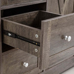 Farmhouse sideboard storage cabinet showing the open drawer with sleek metal slide and rustic wood finish.