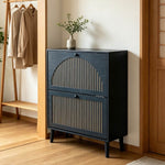 2-Door Flip Shoe Cabinet in modern decor, featuring flush-closing doors and gold-tone vertical trim.
