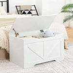 Rustic Wooden Storage bench with lid open, organized with toys and blankets in a stylish bedroom setting.