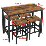 Bar Table and Stools Set showcasing rustic industrial design with dimensions for home bar or kitchen.