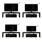 Black 160cm TV stand shown with 32, 42, 50 and 55 inch televisions