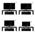 Black 160cm TV stand shown with 32, 42, 50 and 55 inch televisions