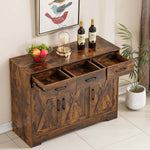 Farmhouse Buffet Sideboard cabinet with three drawers and wine bottles, featuring an antique wood finish.