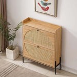 Rattan Flip-Top Shoe Cabinet with two drawers and a natural wood finish, ideal for organized entryway storage.