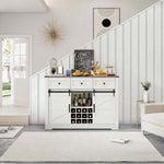 Farmhouse Wine Bar Cabinet styled in a modern living room, featuring white finish and rustic wood top, perfect for storage.