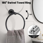 Matte Black Bathroom Towel Rack Set featuring a 180° swivel towel ring made of SUS 304 stainless steel for modern bathrooms.