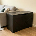 Rustic Wooden Storage bench in dark finish, ideal for organizing living spaces and enhancing home decor.