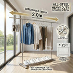 Double Rail Retractable Clothes Rack with wheels showcasing extendable design and bottom shelf for shoes.