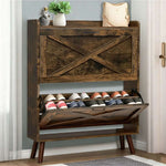 Rustic Tilt-Out Shoe Cabinet with two drawers, showcasing an organized display of footwear in a stylish entryway.