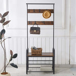 Industrial 4-in-1 Hall Tree showcasing removable hooks, a sturdy bench, and rustic wood design in a stylish entryway.