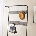 Industrial 4-in-1 Hall Tree with removable hooks and stylish hat and handbag display.