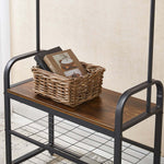 Industrial 4-in-1 Hall Tree featuring rustic wood and metal design with a wicker basket and decorative books on the shelf.