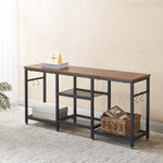 Rustic industrial console table used as hallway display and storage rack