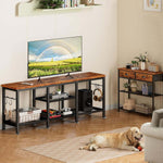 Wood and metal TV console with open shelves in modern family home