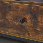 Close-up of the textured wood finish and black knob on the Industrial TV Stand for 75-Inch TV.