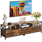 Industrial TV Stand for 75-Inch TV featuring rustic wood and metal design, styled with decor and entertainment devices.