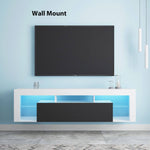 Modern Floating LED TV Stand wall-mounted with sleek high-gloss finish and ambient lighting.