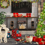 Industrial TV stand decorated for Christmas with festive living room decor