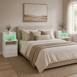 Two modern white LED bedside tables with drawers styled on either side of a contemporary South African bedroom.