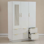 Bedroom Wardrobe featuring three doors, light beige finish, LED mirror, and elegant gold handles.