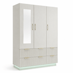 Bedroom Wardrobe 3-door light beige with LED mirror and elegant gold handles, perfect for modern storage solutions.