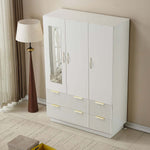 Bedroom Wardrobe 3 Door Light Beige with LED Mirror and Gold Handles in Modern Living Room