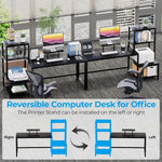 Reversible black computer desk layout showing left and right assembly