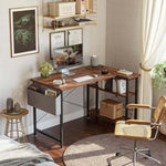 Reversible L-Shaped Computer Desk in a cozy home office setup with industrial decor and smart organization.