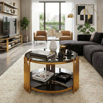 Round Glass Coffee Table featuring a gold geometric frame and black tempered glass in a modern lounge setting.