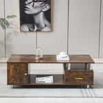 Rustic Storage Coffee Table featuring wood grain finish and metal pillars, perfect for living room decor.