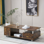 Rustic Storage Coffee Table featuring a warm wood grain finish and sleek metal pillars in a modern living room setting.