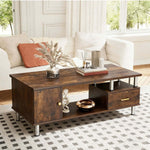 Rustic Storage Coffee Table featuring warm wood grain, metal pillars, and ample storage space for a stylish living room.