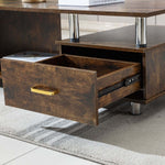 Rustic Storage Coffee Table featuring a drawer with a warm wood grain finish and metal pillars.