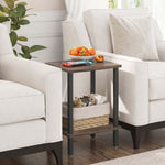 Industrial 2-Tier Side Table CT-331 styled between two light-colored armchairs with decorative items.