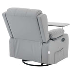 Swivel Rocker Recliner in light gray with tray table, designed for ultimate comfort and relaxation.