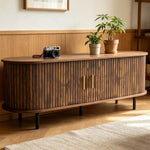 Elegant slatted wood design of tambour door TV stand with gold handles