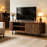 Mid-Century tambour door TV stand with 65 inch TV in modern living room