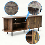 Elegant wooden tambour door TV stand showcasing smooth sliding door mechanism