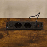 TV Stand with Charging Station power outlet with two plugs and USB charging port on a wooden surface.