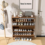 Walnut Slim Flip Shoe Cabinet with 2 Drawers elegantly organizing shoes in a stylish entryway.